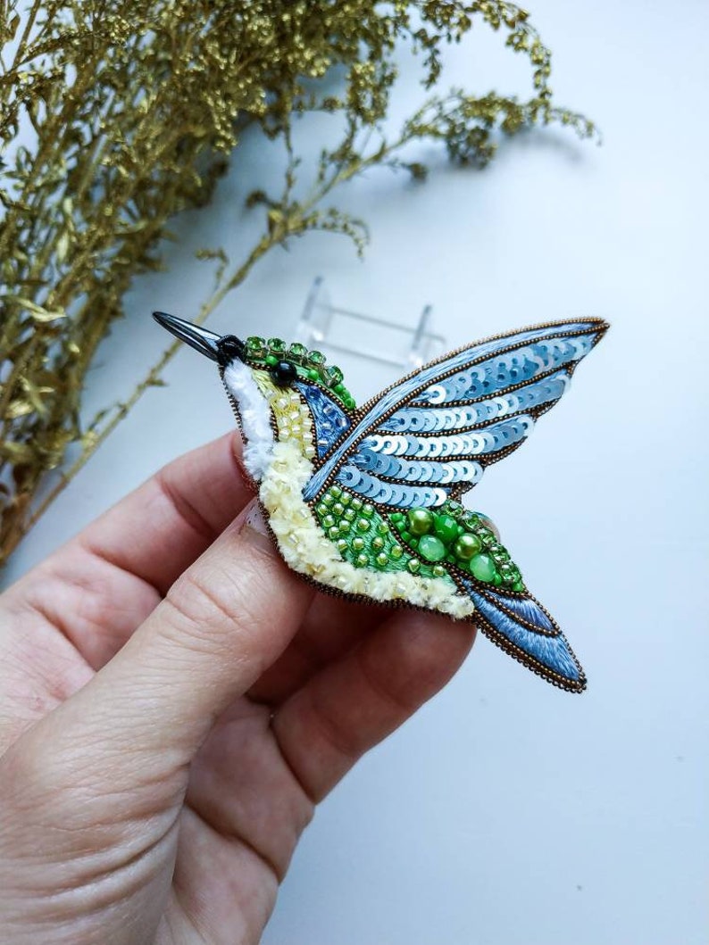 Beaded hummingbird brooch bird pin jewelry embroidered lapel pin colibri brooch handmade gift for her bird lover gift summer accessories image 8