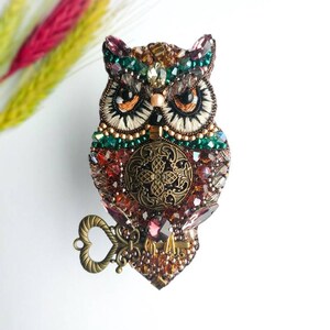 Beaded owl brooch embroidered bird jewelry handmade pin owl lover gift owl embroidered gift for her unique animal pin image 3