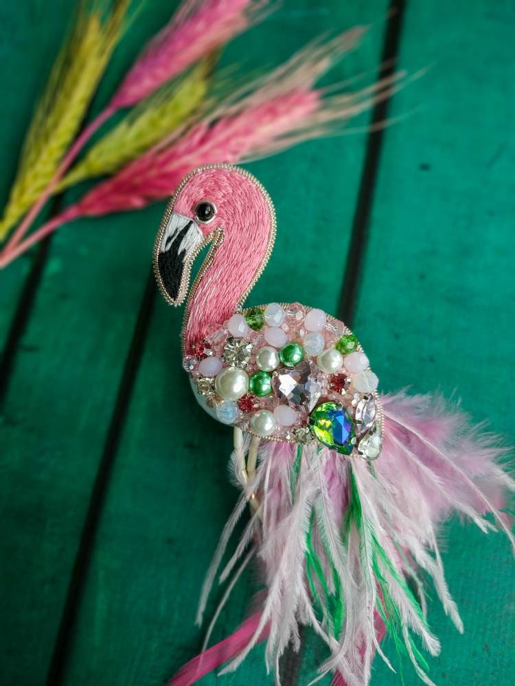 Beaded flamingo brooch embroidered pink bird pin ostrich feather jewelry crystals and beads brooch handmade unique Christmas gift for her - Thumbnail 3