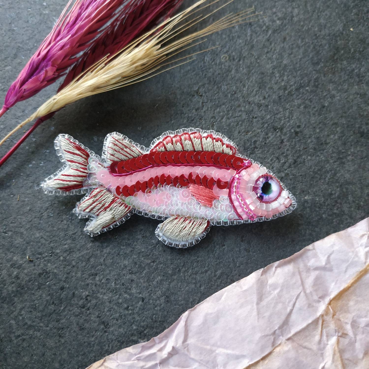 Beaded fish brooch embroidered with silk threads, seed beads and canitelle made in Ukraine - Thumbnail 4