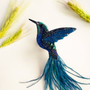 Beaded hummingbird brooch pin embroidered gift for her bird lover jewelry ostrich feather brooch handmade unique gift dark blue green bird