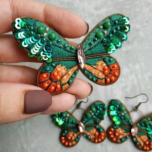 Parure de bijoux brodés composé d'une broche et de boucles d'oreilles, bijoux papillon boucles d'oreilles papillon vert épingle insecte image 2