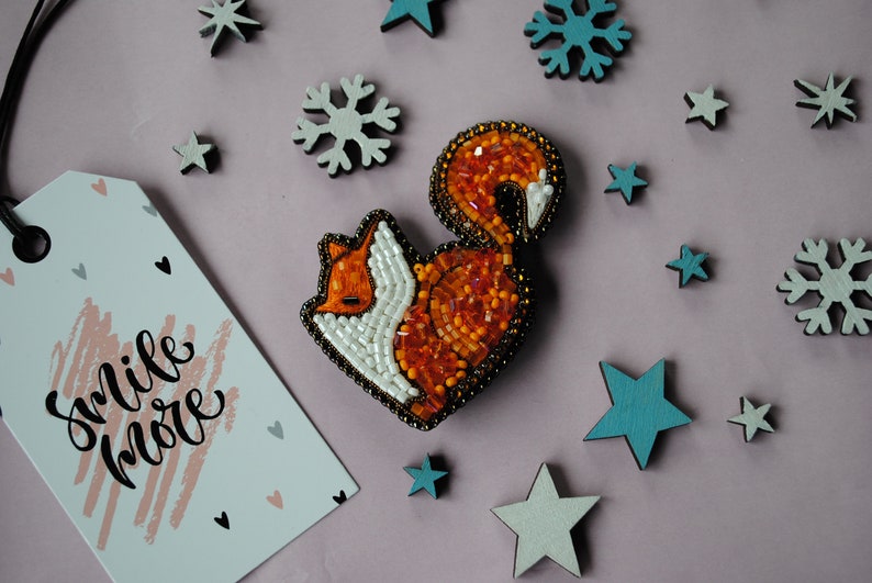 Beaded fox brooch orange fox pin handmade embroidered fox art animal brooch unique jewelry birthday gift for her Christmas gift image 6