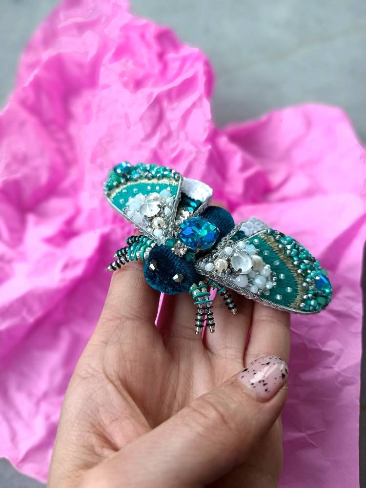 Embroidered moth brooch handmade beaded insect pin bug jewelry unique gift for her - Thumbnail 4