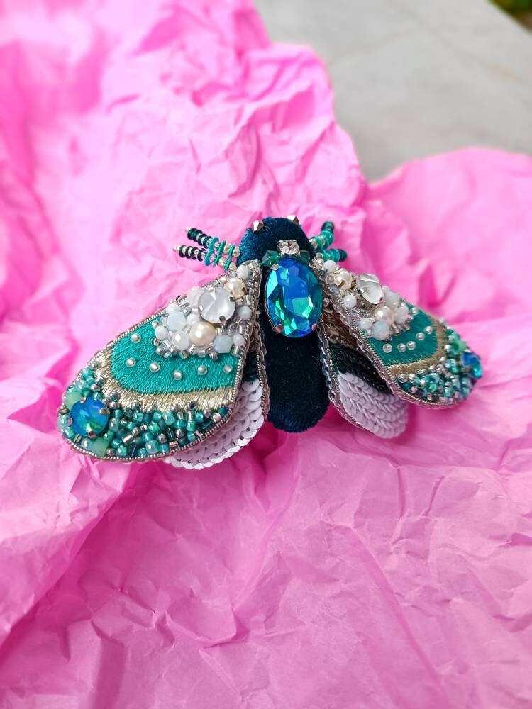Embroidered moth brooch handmade beaded insect pin bug jewelry unique gift for her - Thumbnail 6