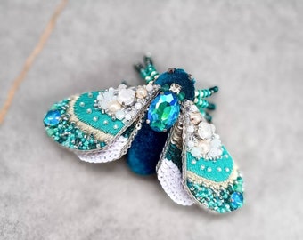 Handmade Beaded Moth Brooch: Embroidered Insect Pin