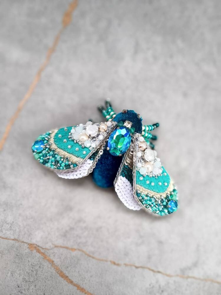 Embroidered moth brooch handmade beaded insect pin bug jewelry unique gift for her - Image 1