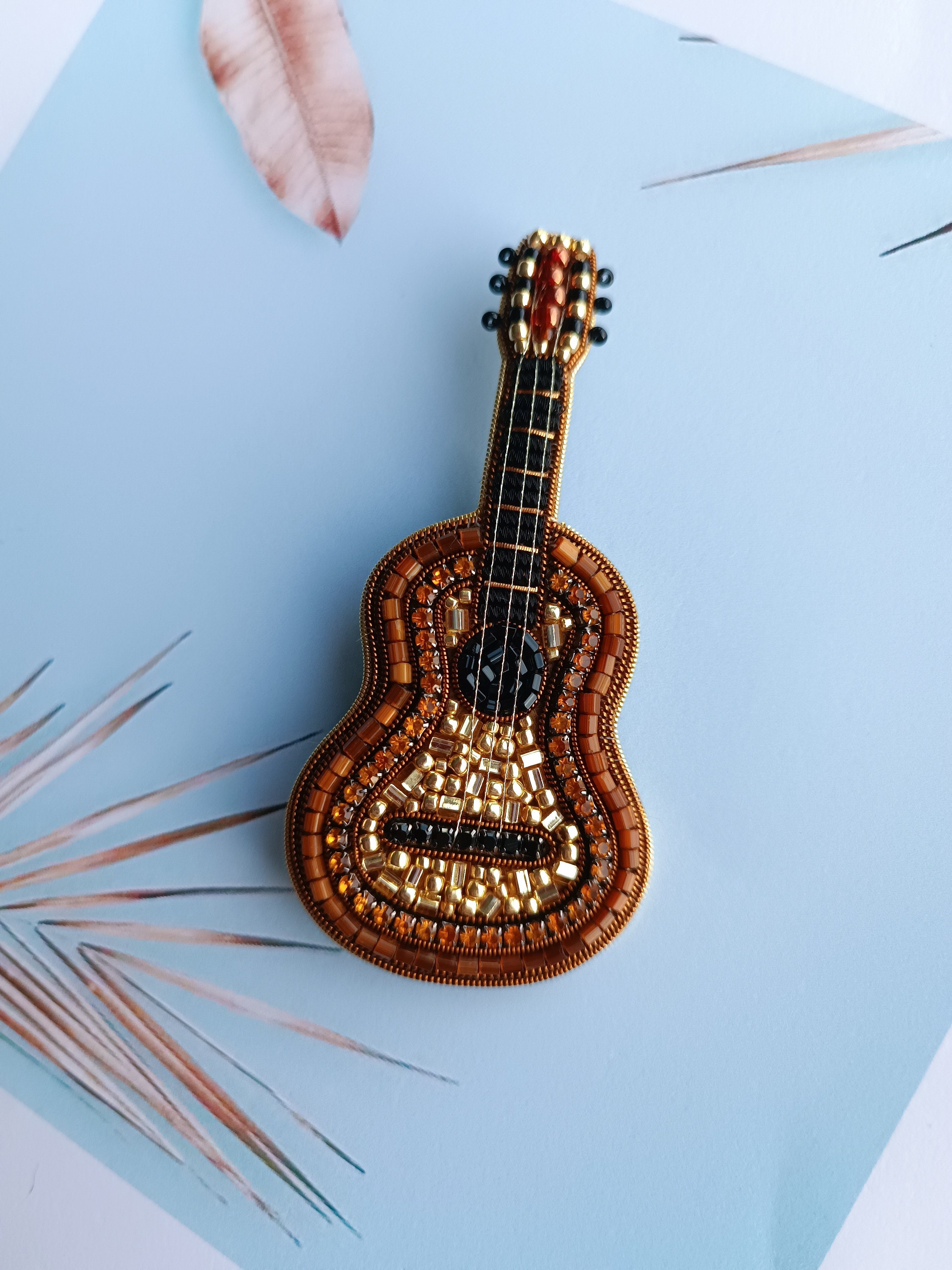 Beaded guitar brooch embroidered pin unique gift for guitarist musician jewelry black guitar pin made in Ukraine Christmas gift for her - Thumbnail 7