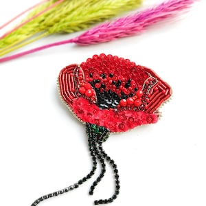 Beaded poppy brooch embroidered red flower pin poppy jewelry handmade red flower brooch beaded art Christmas gift for her unique jewelry