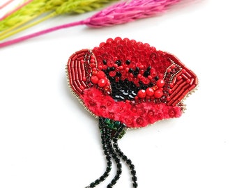 Beaded poppy brooch embroidered red flower pin poppy jewelry handmade red flower brooch beaded art Christmas gift for her unique jewelry