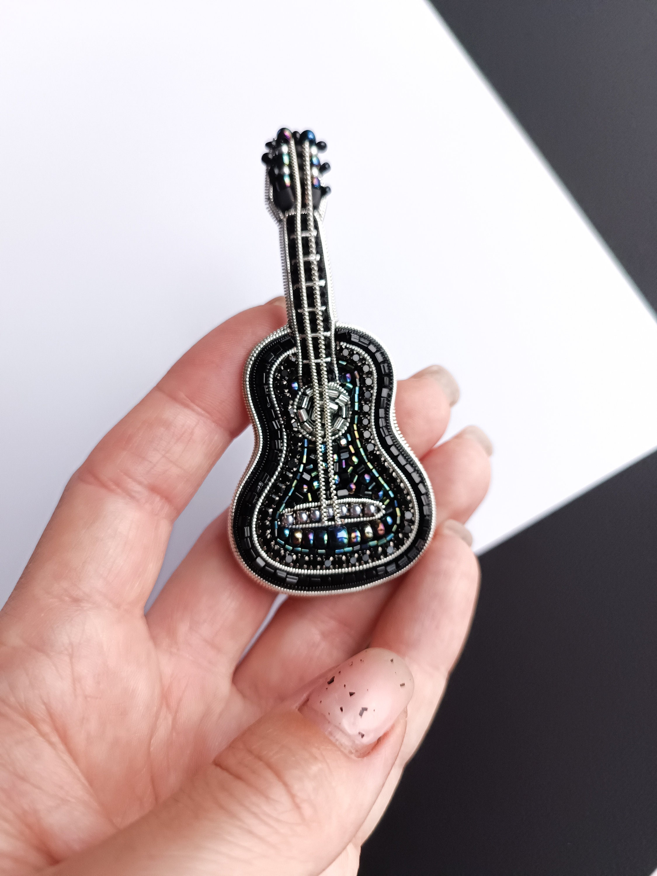 Beaded guitar brooch embroidered pin unique gift for guitarist musician jewelry black guitar pin made in Ukraine Christmas gift for her - Thumbnail 5