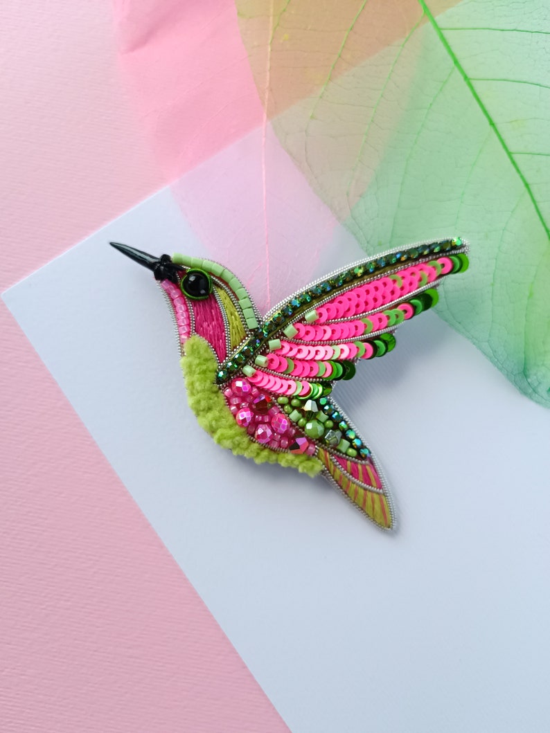 Beaded hummingbird brooch pin embroidered gift for her bird lover jewelry handmade unique gift pink and light green image 9