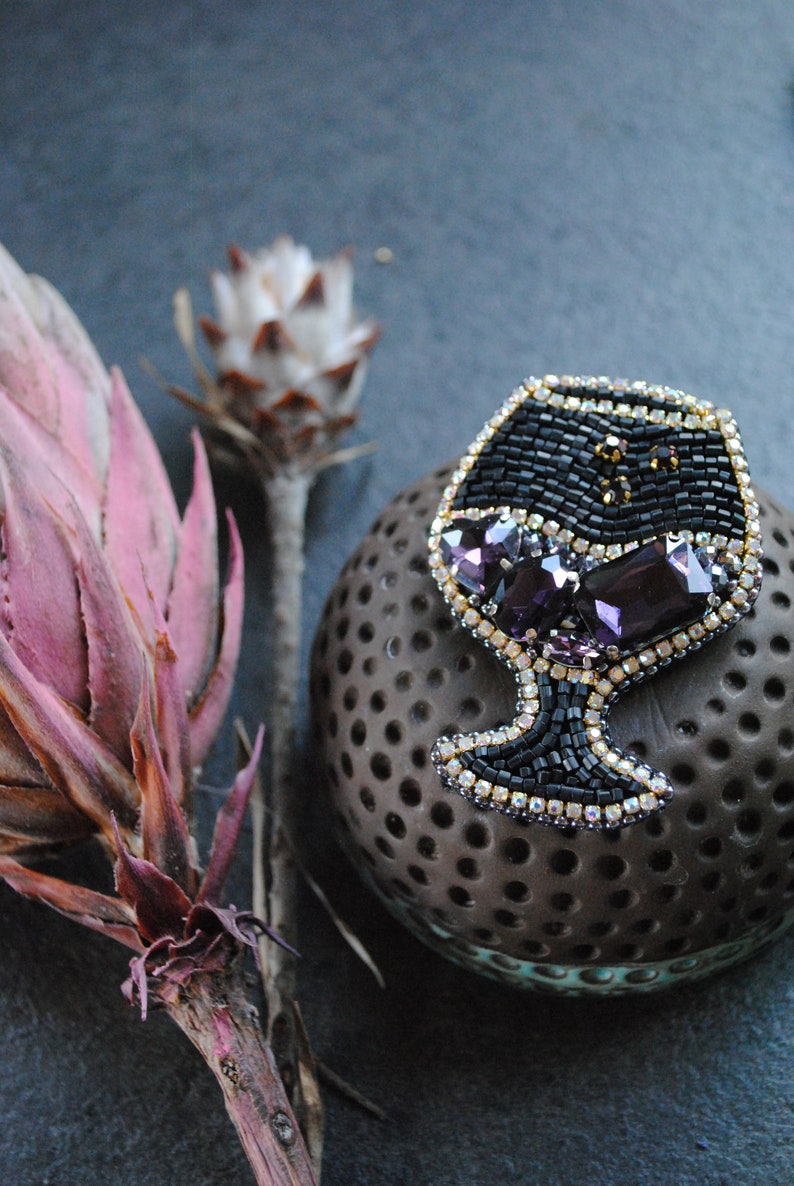 Beaded glass brooch wine lover gift purple wine pin glass jewelry handmade brooch embroidered wine glass gift for her rhinestones jewelry image 8