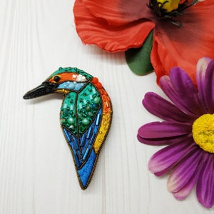 Bird brooch embroidered with beads and cotton threads bird pin kingfisher jewelry handmade Christmas gift for her bird with seed beads image 7