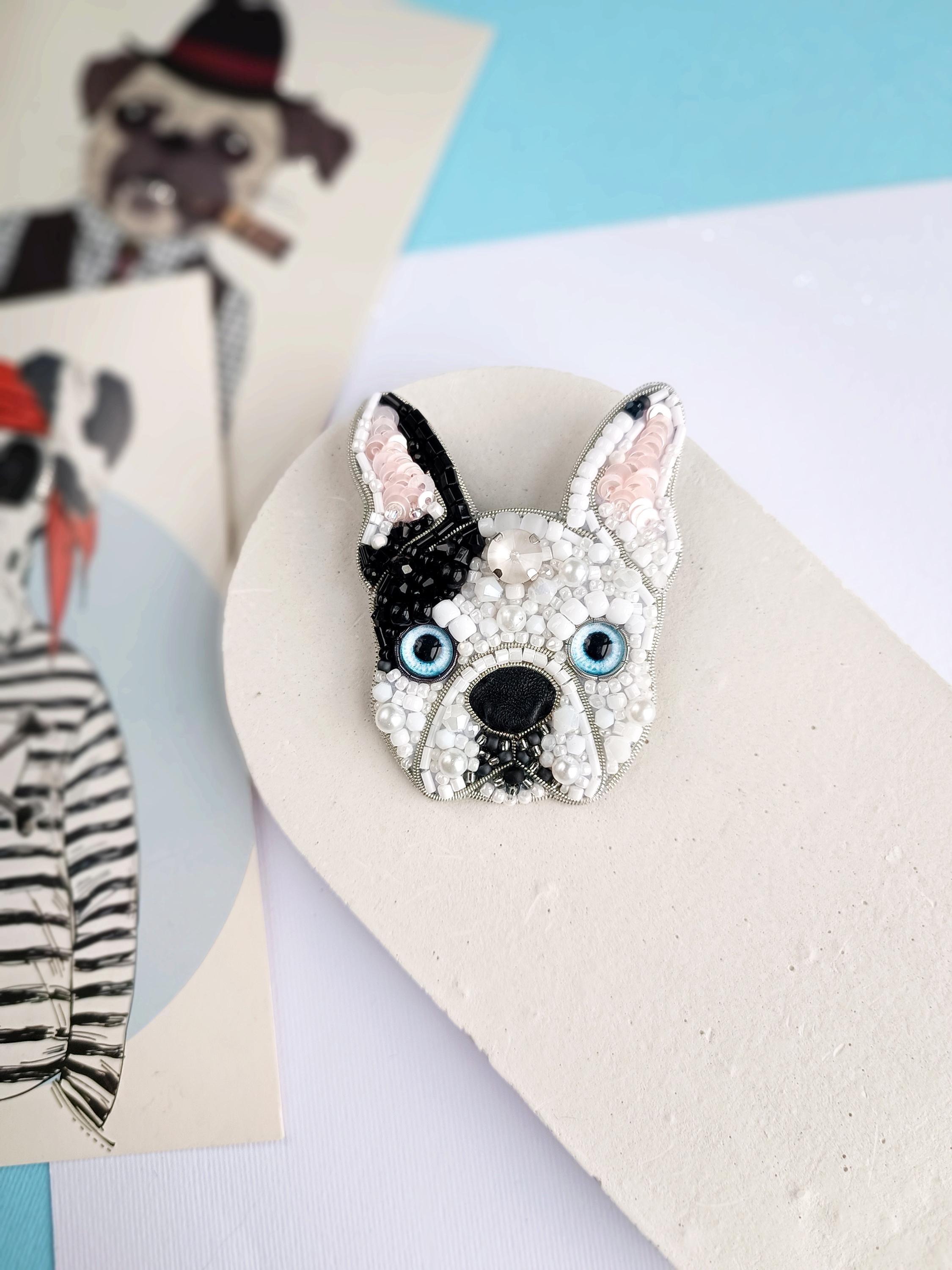 Embroidered french bulldog pin beaded dog brooch dog lover gift unique jewelry handmade in Ukraine