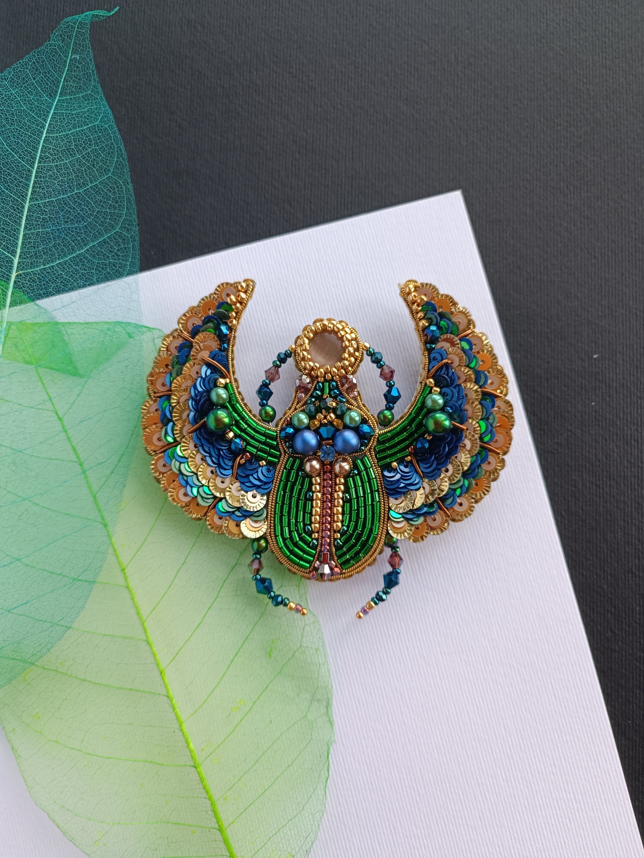 Beaded scarabeus brooch embroidered insect pin Egyptian beetle jewelry made in Ukraine unique gift for her - Thumbnail 4