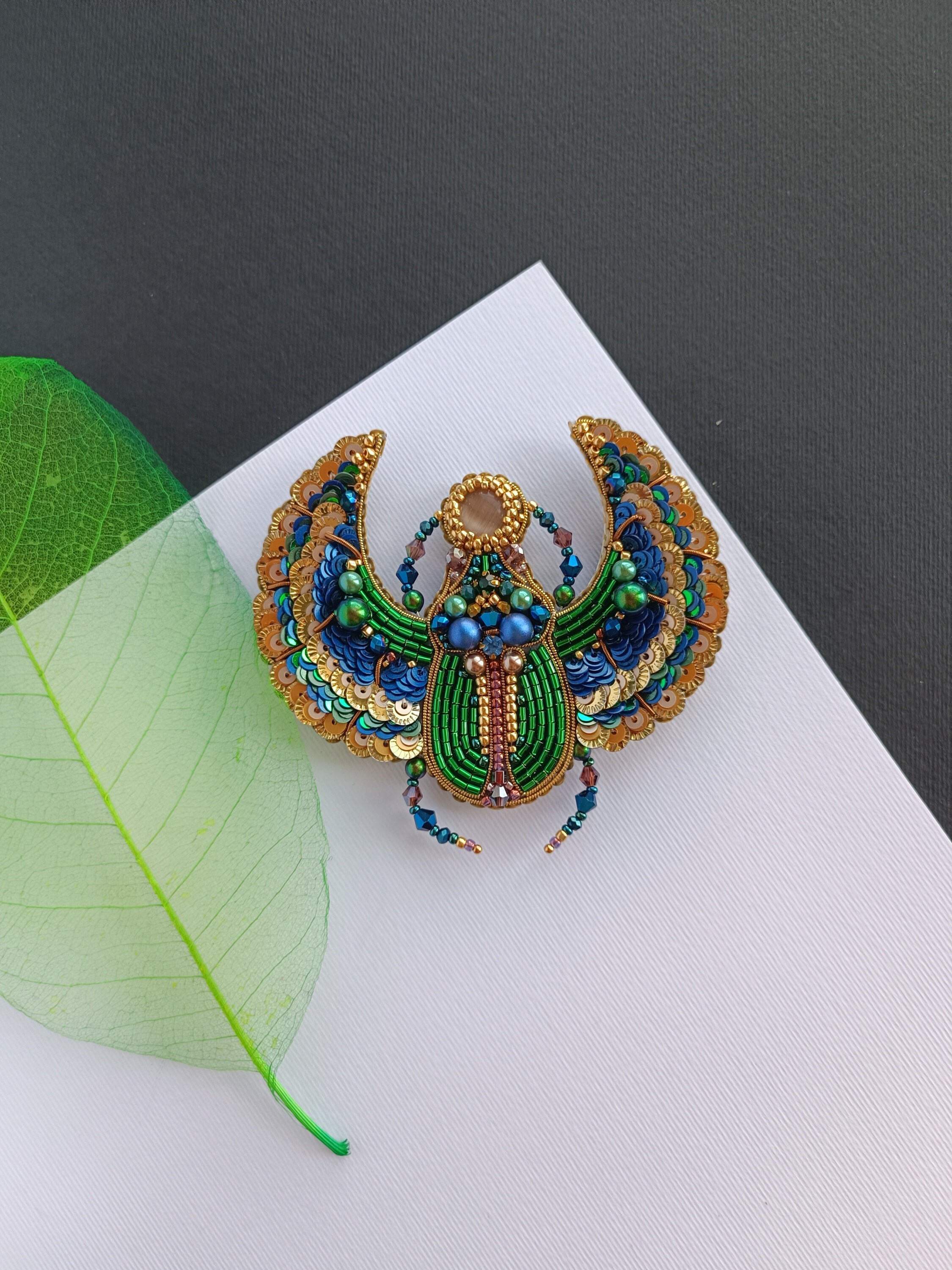 Beaded scarabeus brooch embroidered insect pin Egyptian beetle jewelry made in Ukraine unique gift for her - Thumbnail 7