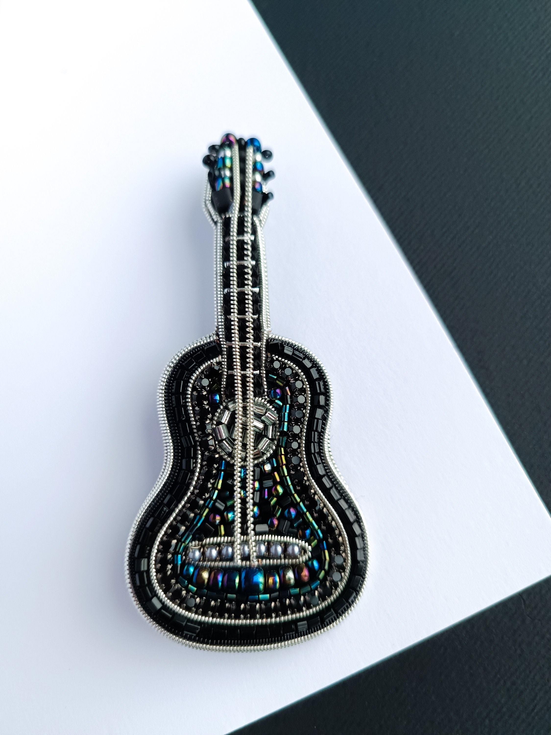 Beaded guitar brooch embroidered pin unique gift for guitarist musician jewelry black guitar pin made in Ukraine Christmas gift for her - Thumbnail 4