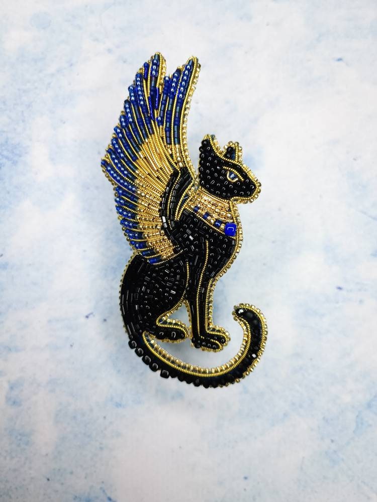 Beaded Bastet brooch egyptian god pin black cat jewelry flying cat unique gift for her made in Ukraine embroidered jewelry - Thumbnail 7