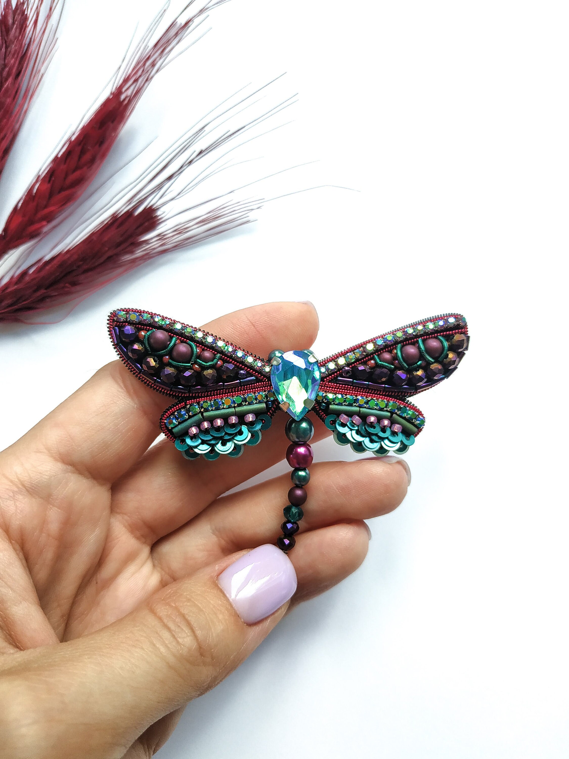 Embroidered dragonfly brooch beaded pin insect handmade jewelry unique Christmas gift for her butterfly lover jewelry handmade dragonfly pin - Thumbnail 4