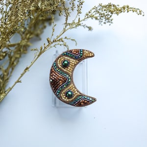 Beaded crescent brooch embroidered moon pin golden crescent jewelry Christmas gift for her celestial theme