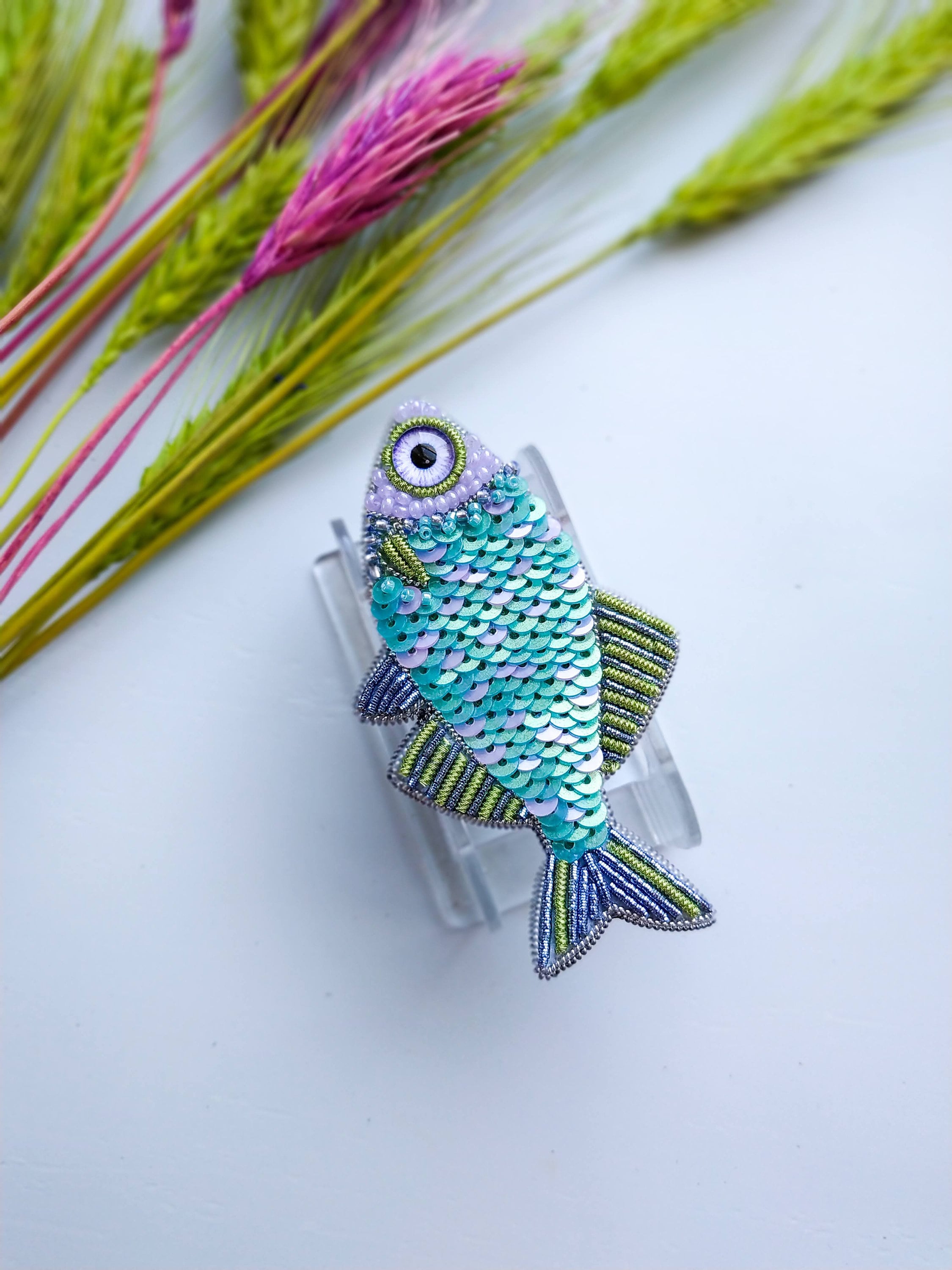 Embroidered sequins fish brooch beaded pin handmade gift for her fish lover gift pisces sign sequins jewelry seed beads and sequins brooch - Thumbnail 4