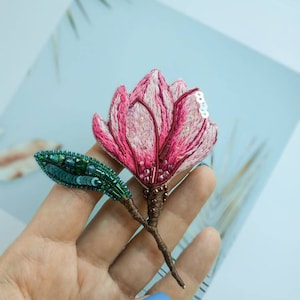 Embroidered magnolia flower brooch beaded floral pin handmade jewelry embroider art Christmas gift for her pink flower jewelry cotton brooch image 4