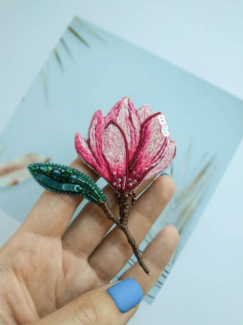 Embroidered magnolia flower brooch beaded floral pin handmade jewelry embroider art Christmas gift for her pink flower jewelry cotton brooch image 4