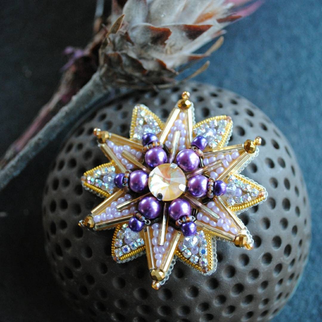 Beaded order brooch handmade embroidered star pin crystal jewelry yellow and purple celestial brooch unique christmas gift for her - Thumbnail 5
