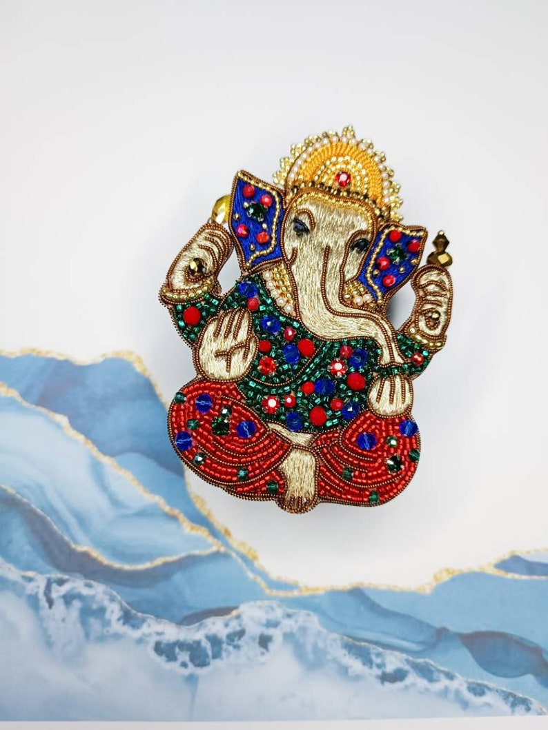 Embroidered Ganesh brooch handmade beaded pin Elephant God jewelry Ganesha God brooch image 9