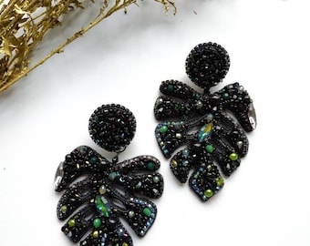 Beaded monstera leaves earrings black unique jewelry Christmas gift for her handmade embroidered floral earrings monstera leaf