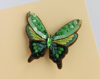 Embroidered butterfly brooch with beads, green butterfly pin gift for her handmade seed beads jewelry