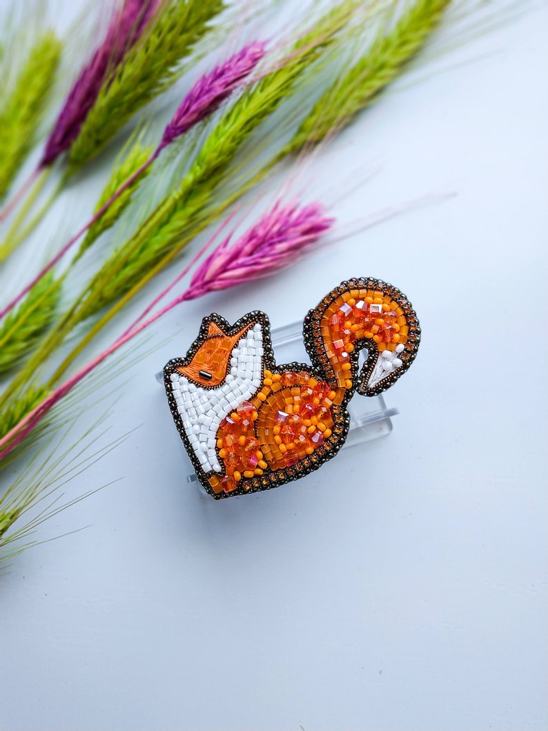 Beaded fox brooch orange fox pin handmade embroidered fox art animal brooch unique jewelry birthday gift for her Christmas gift image 9
