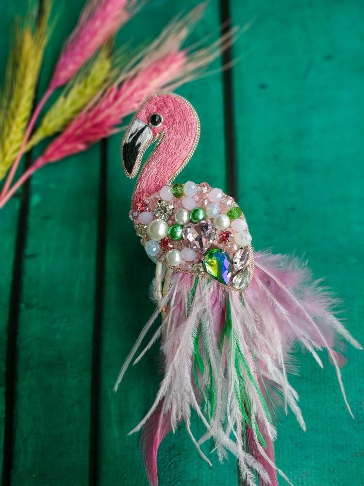 Beaded flamingo brooch embroidered pink bird pin ostrich feather jewelry crystals and beads brooch handmade unique Christmas gift for her