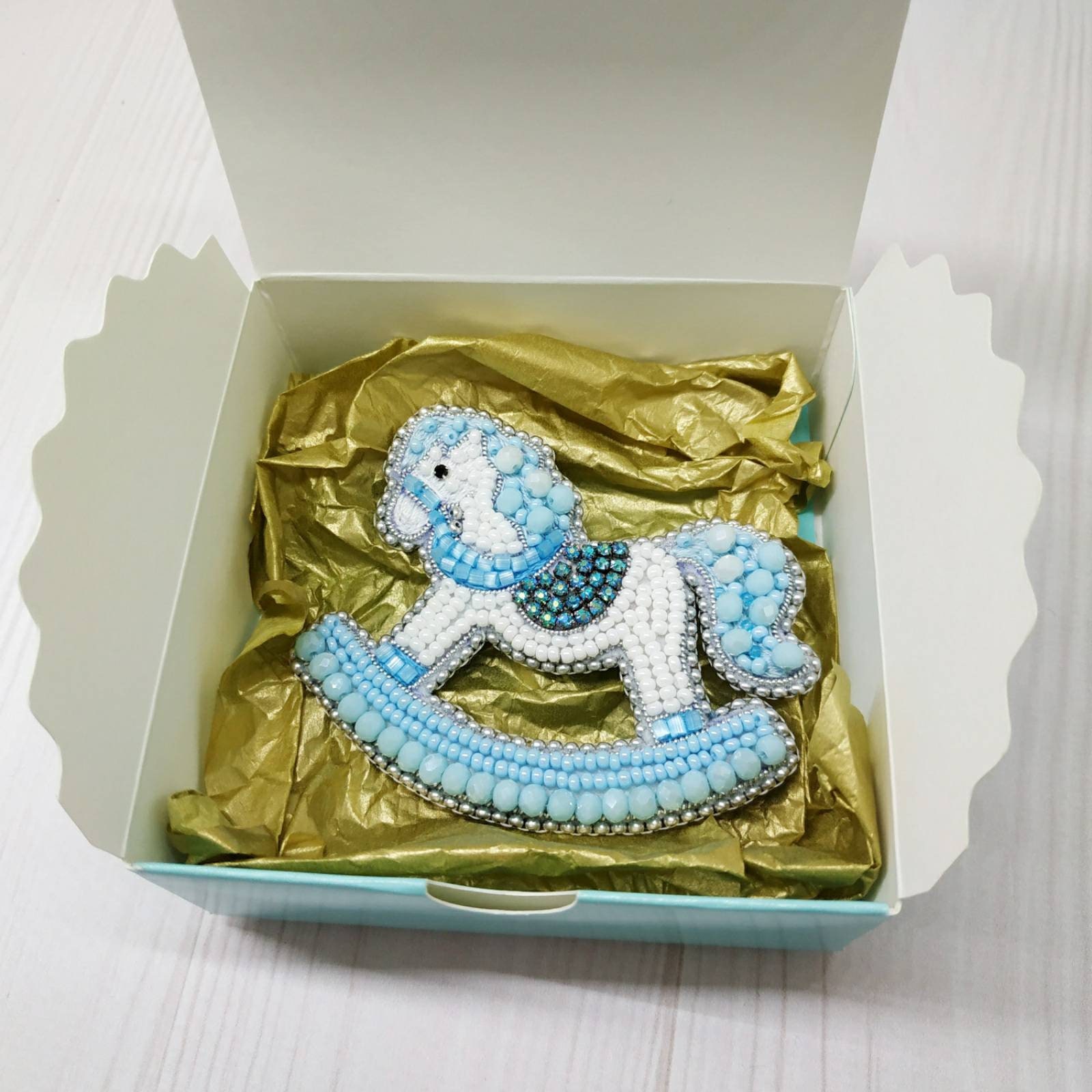 Beaded toy horse brooch handmade embroidered seed beads pin for kids gift for her white horse yellow beaded jewelry - Thumbnail 7