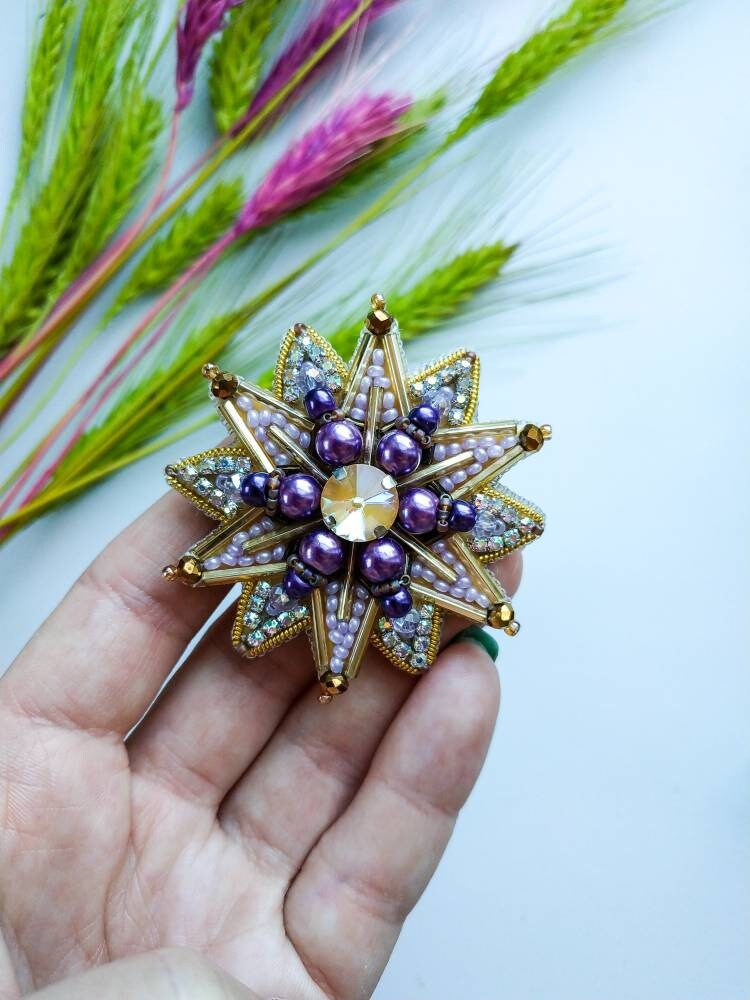 Beaded order brooch handmade embroidered star pin crystal jewelry yellow and purple celestial brooch unique christmas gift for her - Thumbnail 3