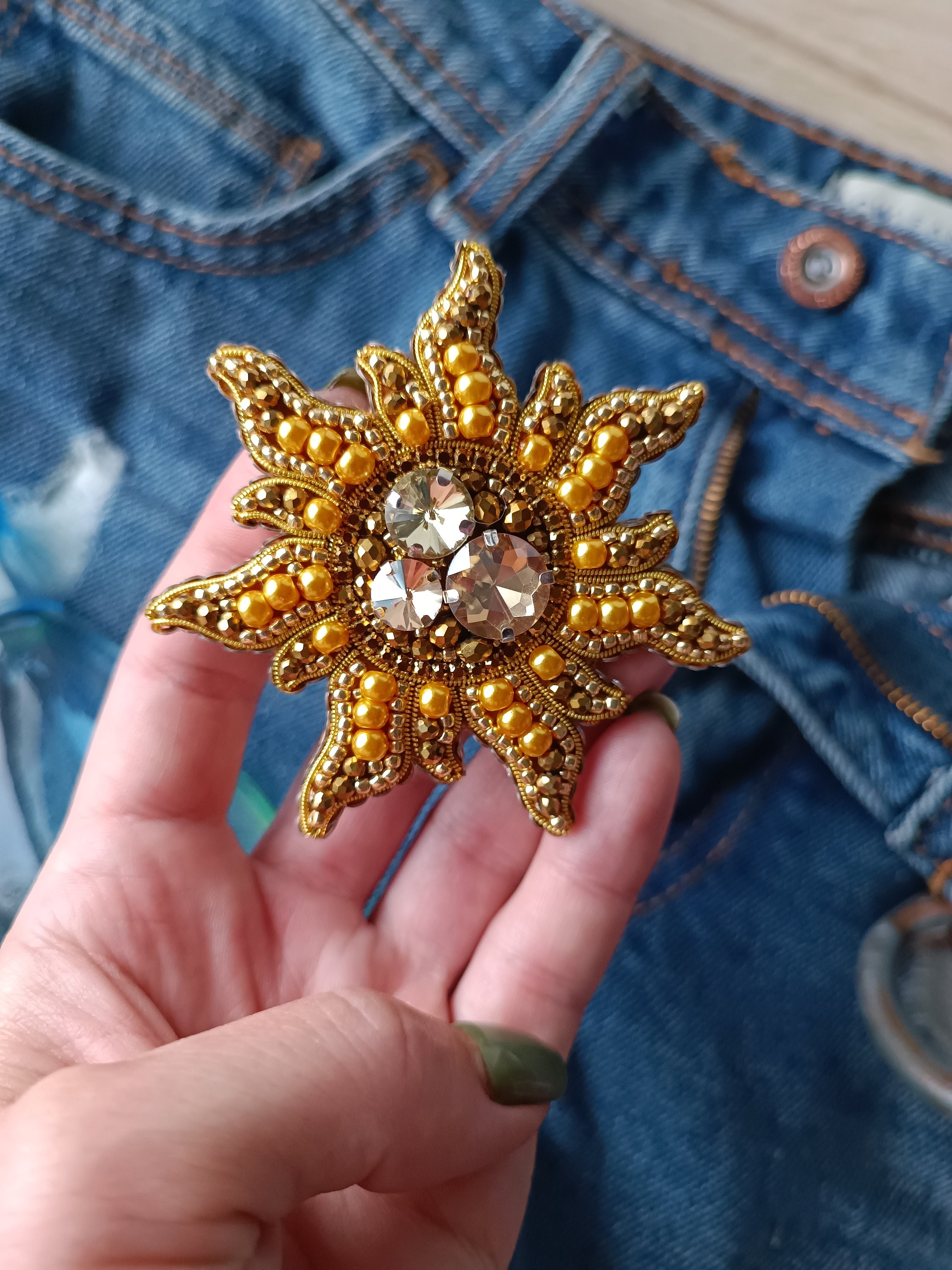 Beaded sun brooch cosmos jewelry cosmic planet pin handmade pin gift for her golden sun - Thumbnail 5
