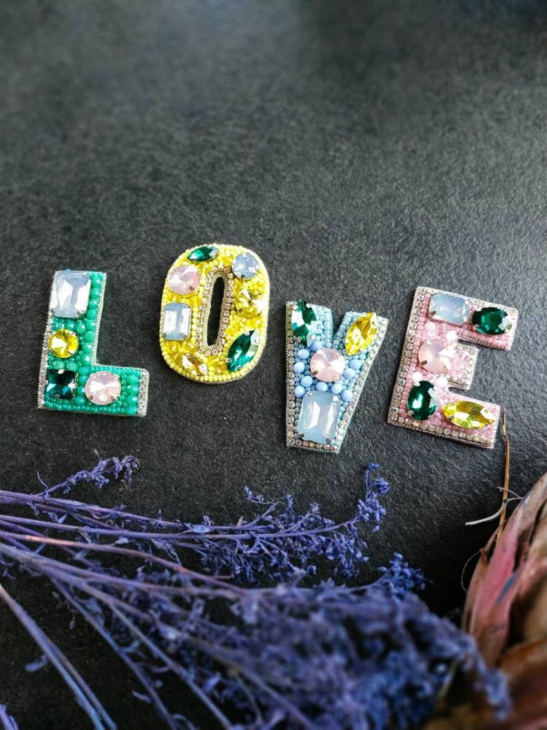 Set of 4 beaded brooches letters love jewelry embroidered love pins gift for her jacket pins handmade made in Ukraine image 5