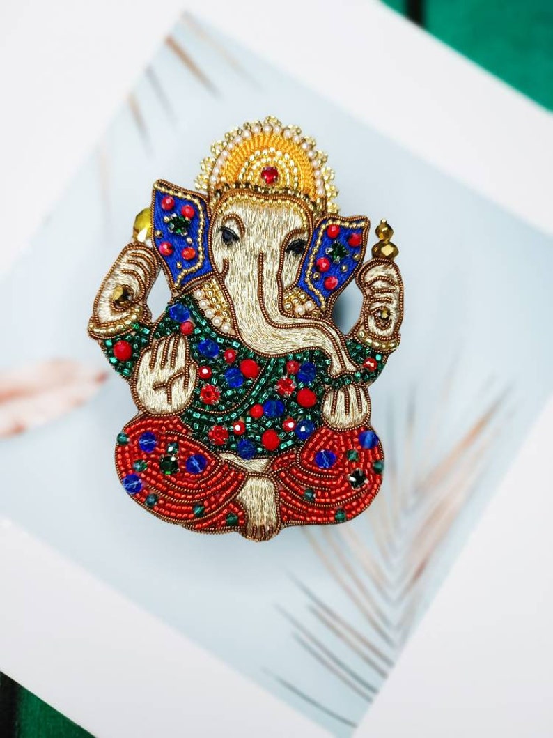 Embroidered Ganesh brooch handmade beaded pin Elephant God jewelry Ganesha God brooch image 7