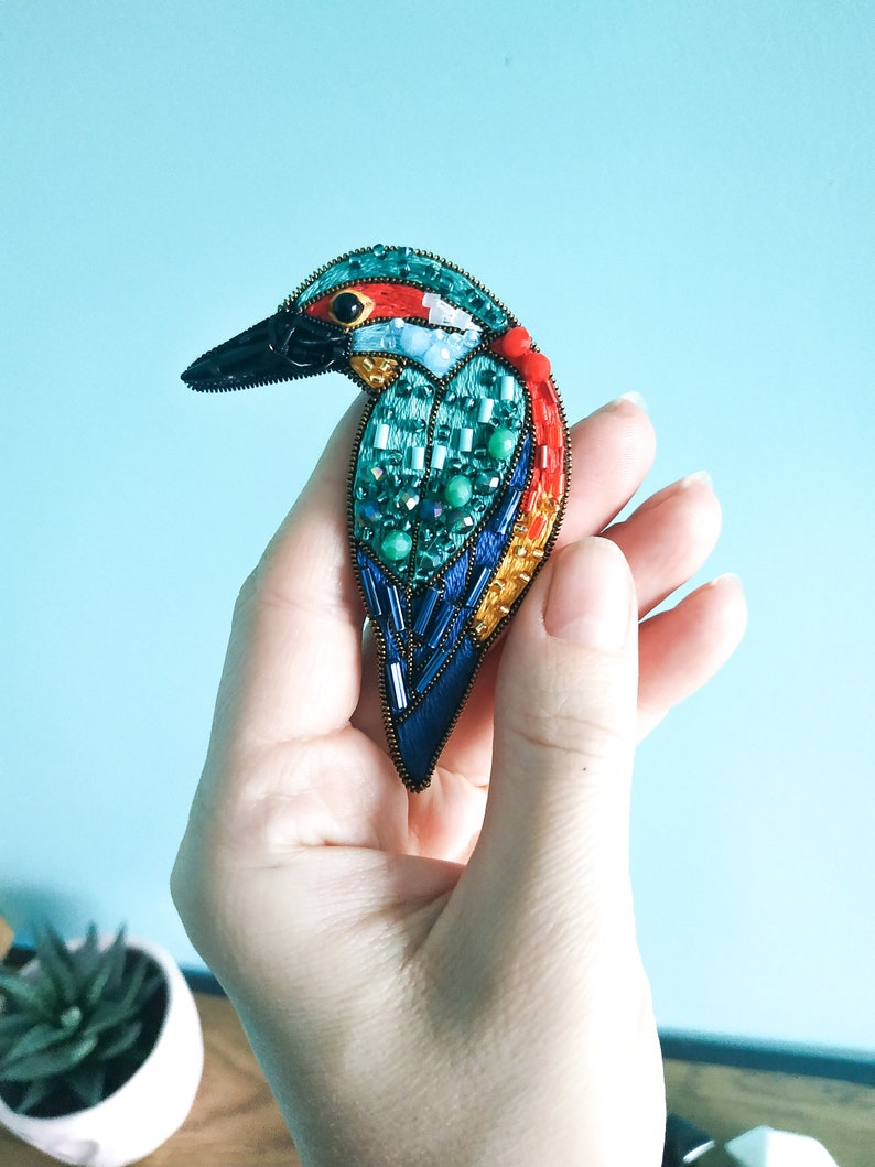 Bird brooch embroidered with beads and cotton threads bird pin kingfisher jewelry handmade Christmas gift for her bird with seed beads image 10