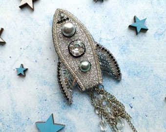 Beaded rocket brooch embroidered cosmos pin made in Ukraine rocket pin handmade