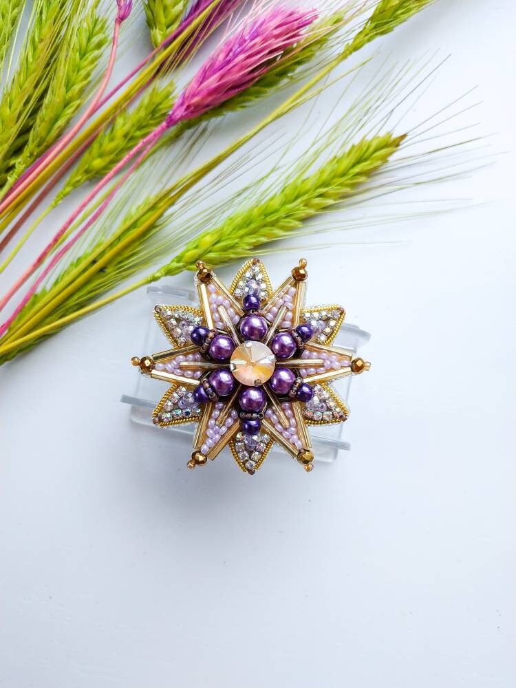 Beaded order brooch handmade embroidered star pin crystal jewelry yellow and purple celestial brooch unique christmas gift for her - Thumbnail 7
