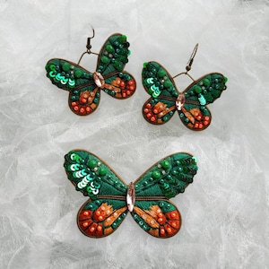 Embroidered jewelry set of brooch and earrings butterfly jewelry insect pin green butterfly earrings