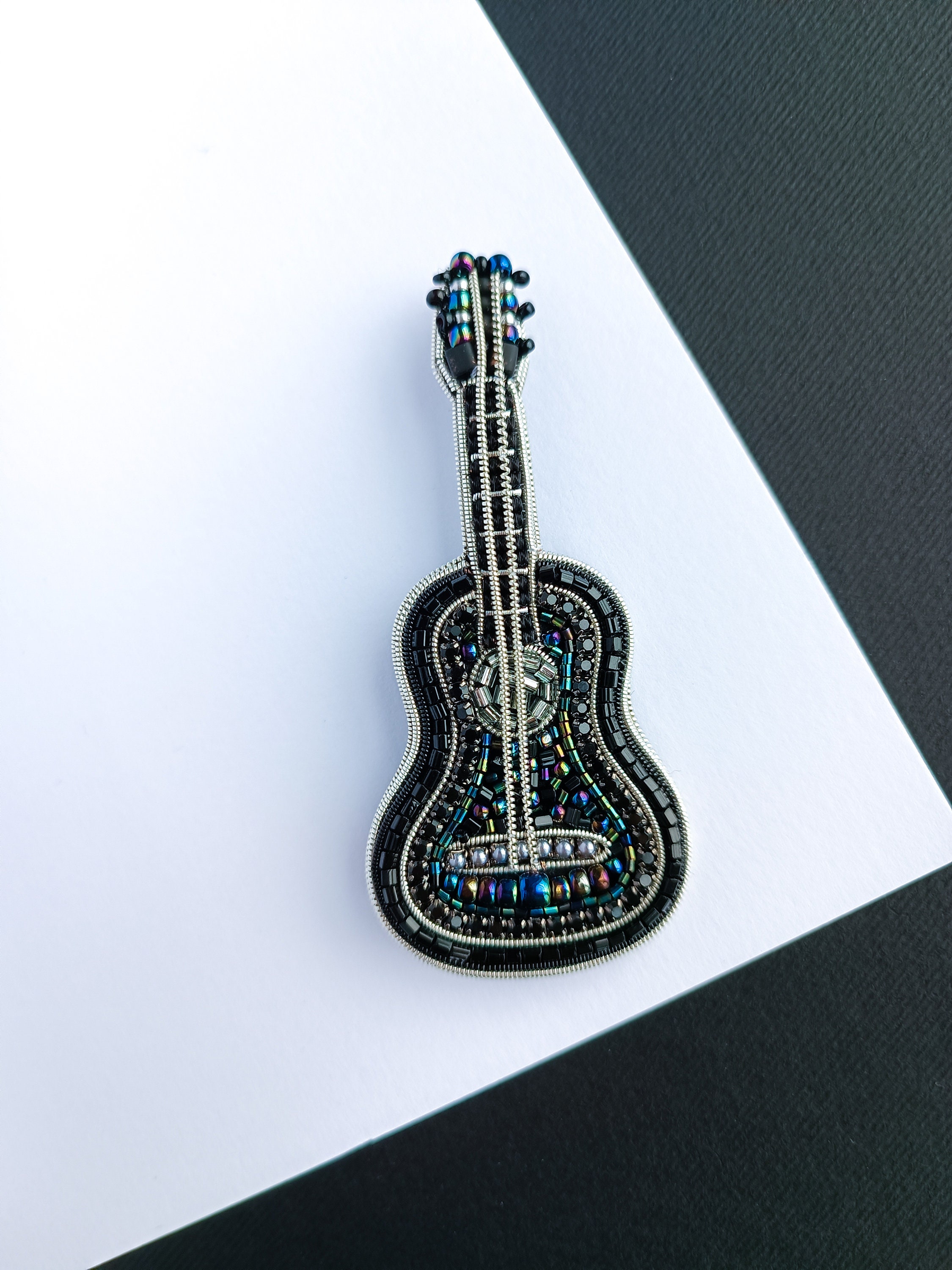 Beaded guitar brooch embroidered pin unique gift for guitarist musician jewelry black guitar pin made in Ukraine Christmas gift for her - Thumbnail 3