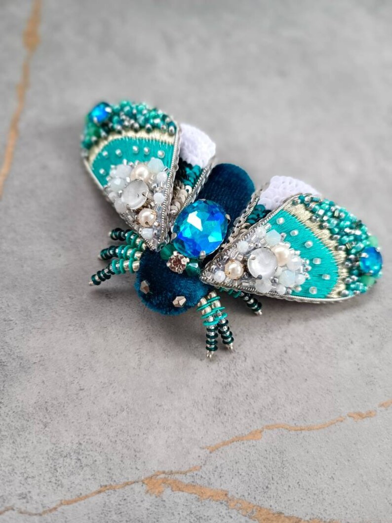 Embroidered moth brooch handmade beaded insect pin bug jewelry unique gift for her image 8