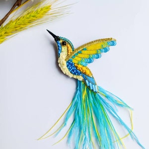 Beaded hummingbird brooch embroidered ukraine pin ukrainian shop handmade bird pin blue and yellow made in Ukraine