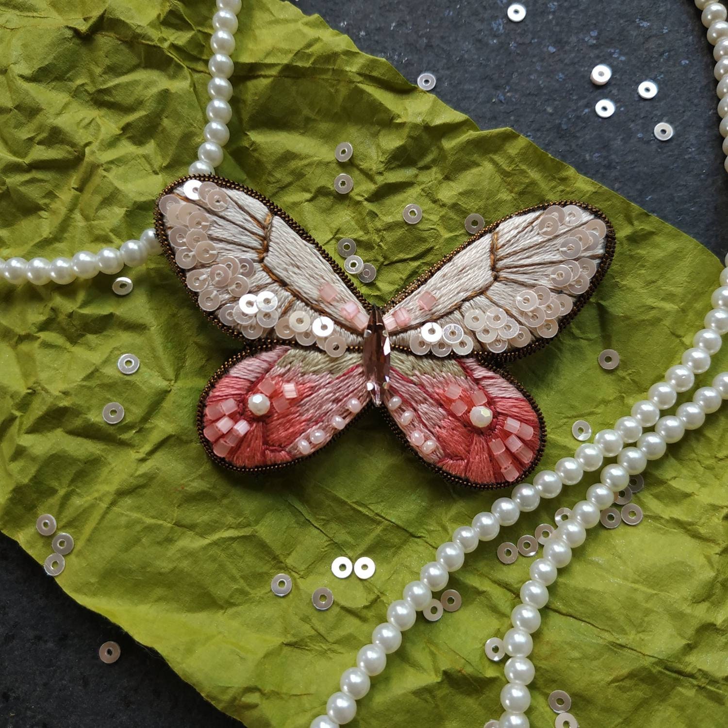 Embroidered butterfly brooch beaded pin moth seed beads jewelry pink handmade brooch with sequins gift for her - Thumbnail 7