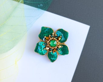 Beaded flower brooch embroidered sequins pin floral lovers gift small handmade brooch made in Ukraine green flower