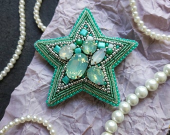 Beaded star brooch mint crystal brooch embroidered Christmas git for her star jewelry