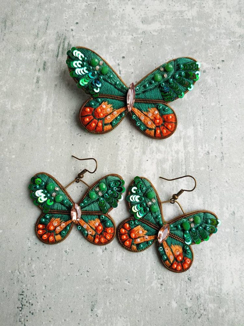 Parure de bijoux brodés composé d'une broche et de boucles d'oreilles, bijoux papillon boucles d'oreilles papillon vert épingle insecte image 8